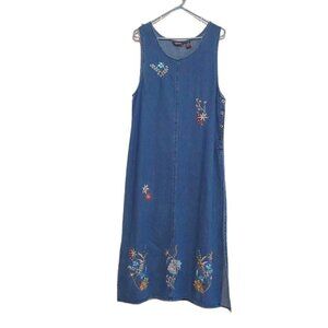 Vintage Agapo Cotton Floral Embroidered Maxi Denim Dress